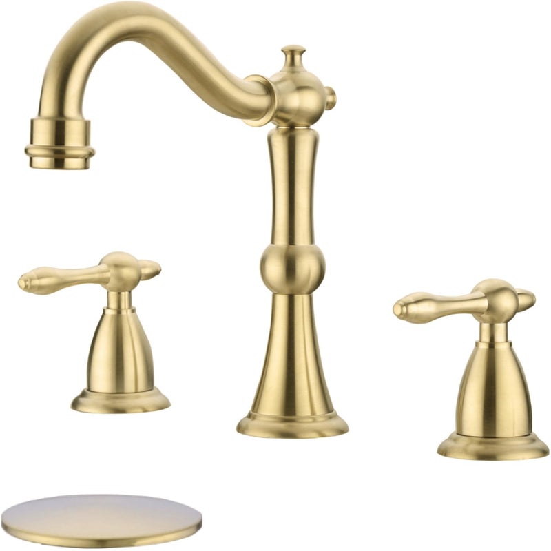 TRUSTMI 8 Inch Widespread Brushed Gold Bathroom Faucet 3 Hole Solid Brass Bathroom Vanity Sink Faucet with Overflow Pop-Up Drain Assembly and cUPC Water Supply Lines - Image 1
